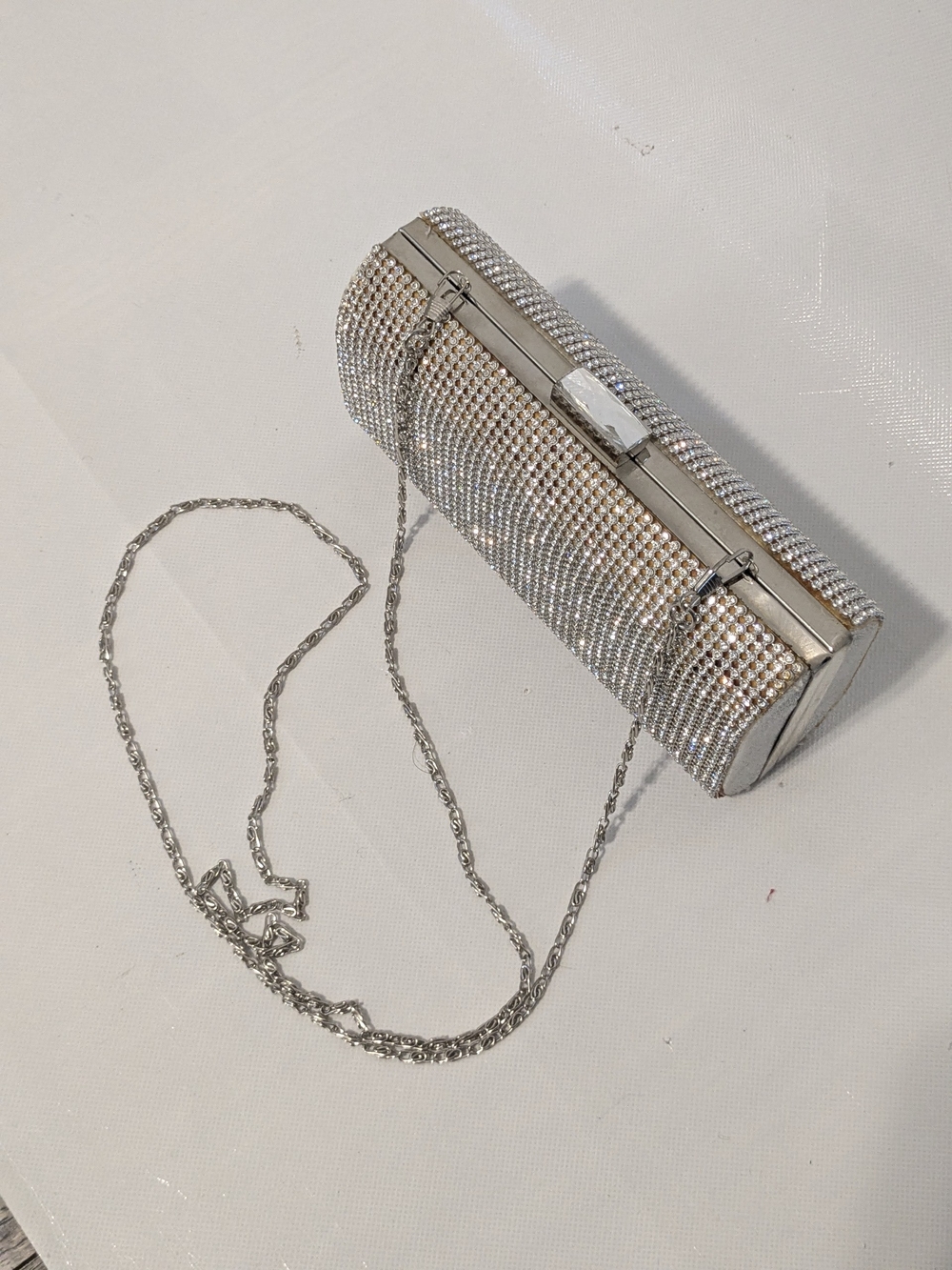 Silver Crystal Cylinder Evening Clutch with Chain Strap